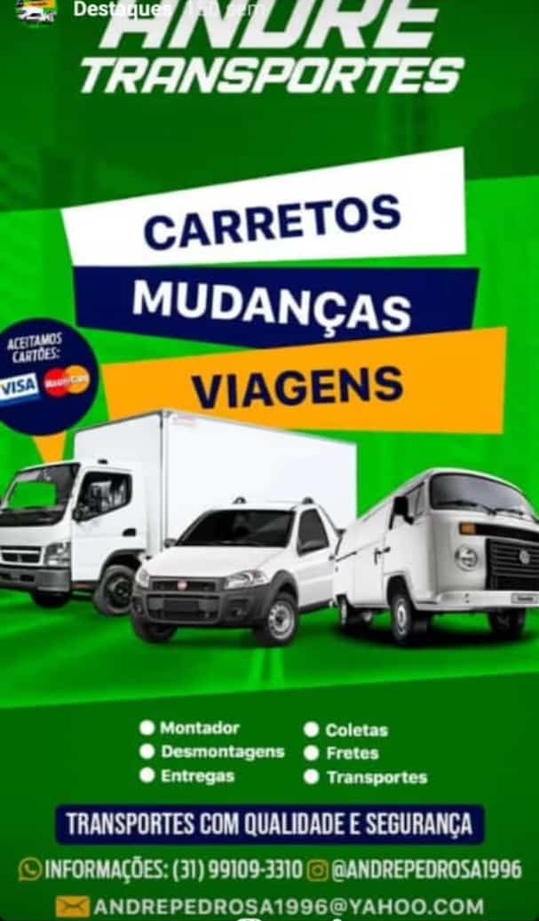 arte de divulgação verde e laranja do André Transportes com caminhão, caminhonete e van brancos e lista de ser